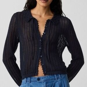 Doen x Gap Navy Linen Crochet Cardigan Collar Tie Front Long Sleeve  - Large